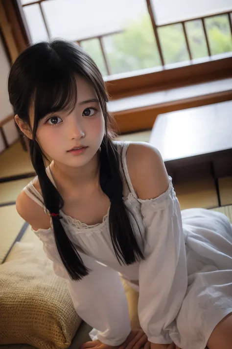 8k,high quality、high image quality、cuteロリ、 girl、younger sister、cute、Japanese black hair、twin tails、Front View、I'm on a futon in a high-class ryokan room in Kyoto、