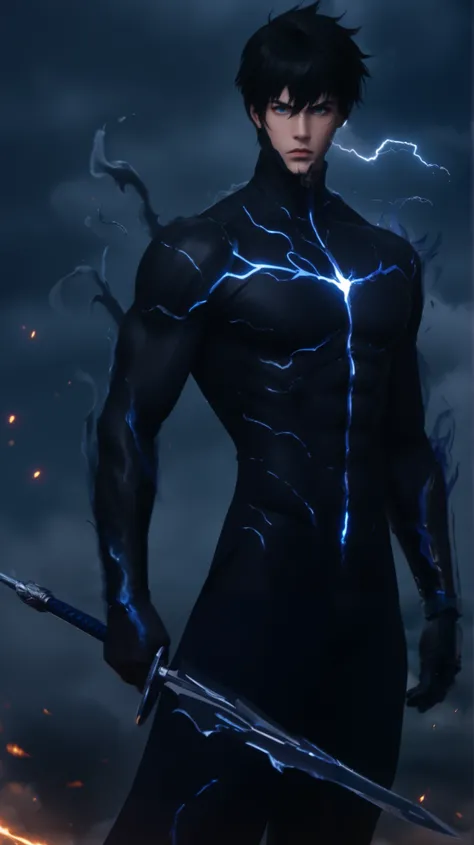 Sung Jin-Woo from Solo Leveling, standing in a powerful, imposing stance. His black battle suit is infused with crackling blue lightning veins, pulsing with energy. His piercing blue eyes glow menacingly, exuding an aura of overwhelming power. His muscular...