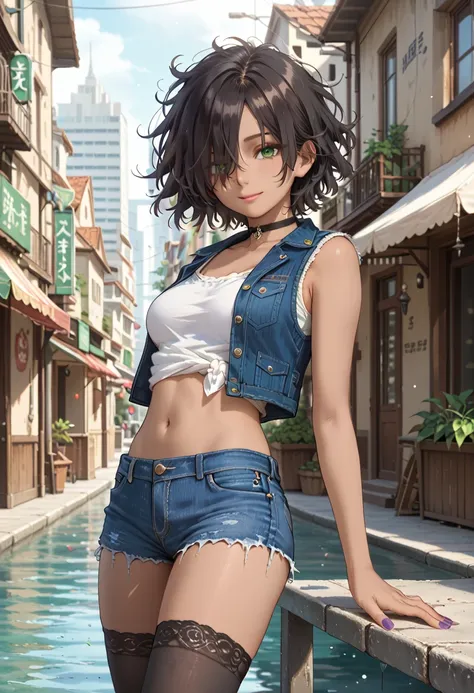 1 girl, 12years old, black hair, black hair,short hair, short hair, floating hair, messy hair, hair over one eye, hair covers one eye, hair cover one eye, big green eyes, purple makeup around the eyes, choker, medium breast, medium breast, brown skin, brow...