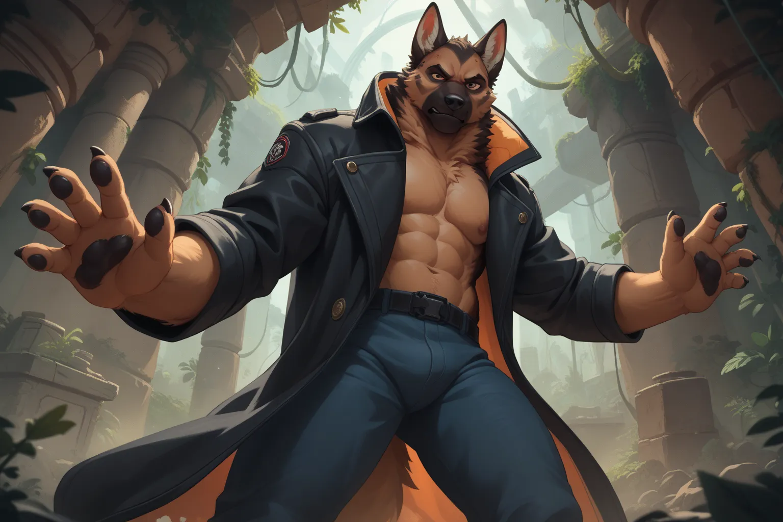 German Shepherd, (black long coat:1.5), furry hands, Fierce expression, anger, from below, spellcasting pose, stand, Extend his hand forward to the camera, solo, 1boy, Cyberpunk ruins with jungle reclaiming the land, Moss-covered structures, Misty atmosphe...