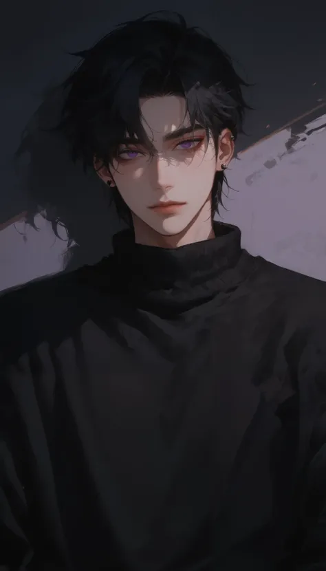 (score_9, score_8_up ), score_7_up , Adult male , Black High Collar Sweater , Messy Black Hair , 1 boy, dark purple eyes , black hair highlighter , male focus, Black Earrings , focus, anime style , Handsome, shadow background , Hazy Atmosphere ,...