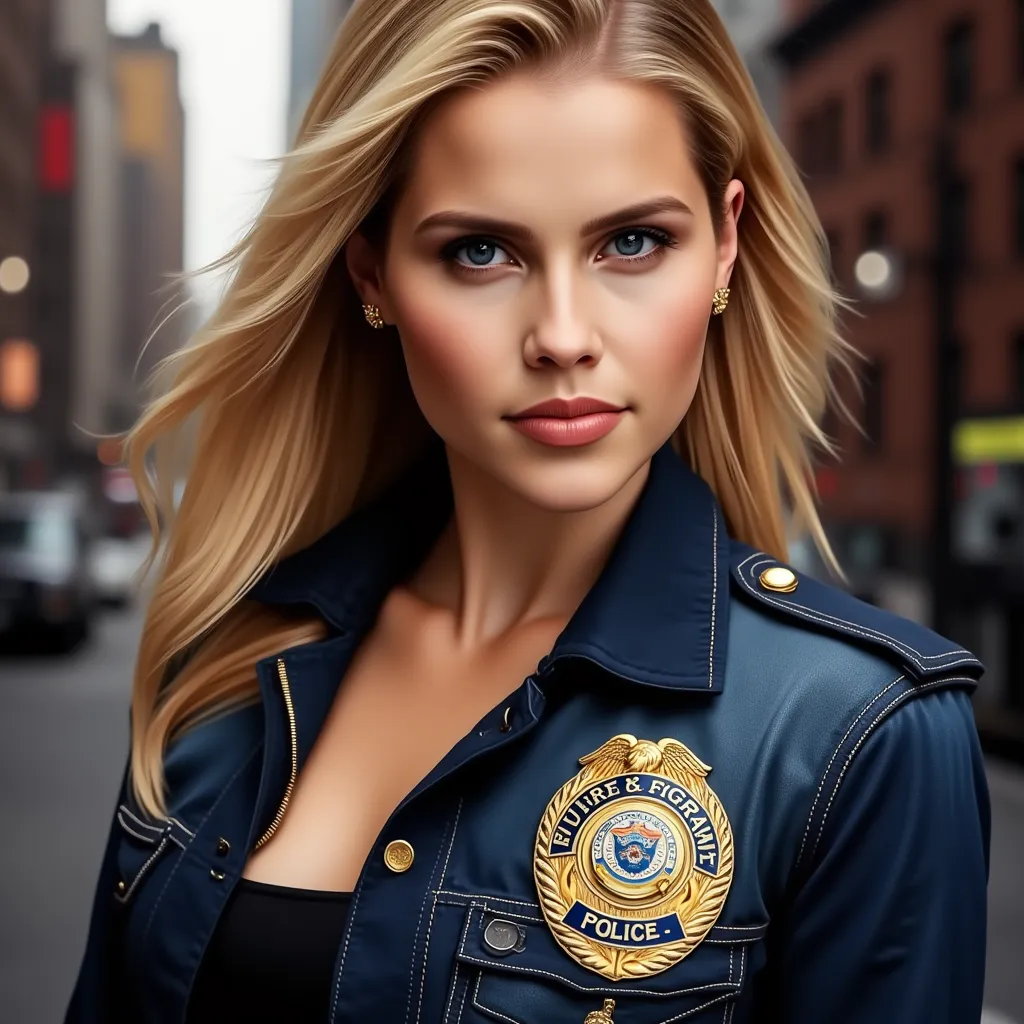 ((claire holt)), em ny, Wearing Jeans jacket with a police sargeant badge on the jacket's chest. Wearing a White cleavage