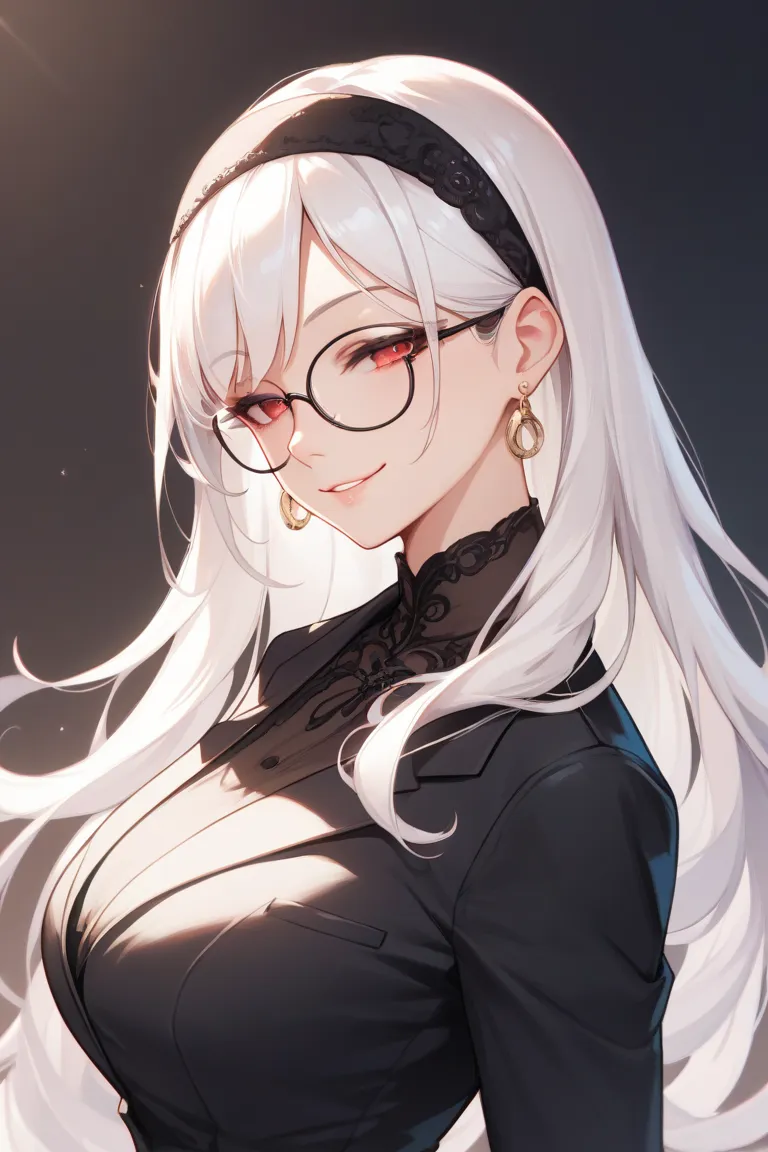 1girl, white hair, long hair, red eyes, black glasses, circle glasses, smile, half-lidded eyes, looking down at viewer, sideview, low camera, black clothes, formal clothes, black headband, black neck clothing, earrings