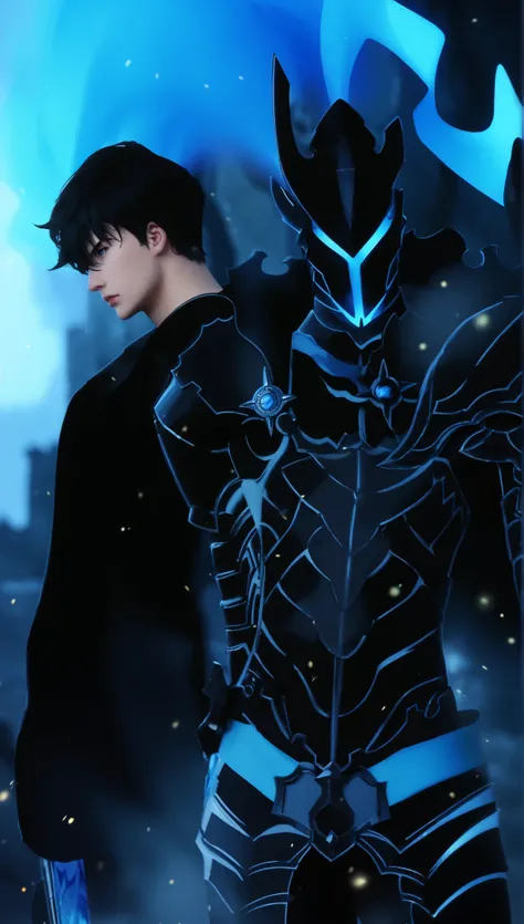 Sung Jin-Woo from Solo Leveling standing in a dramatic pose, wearing his dark hunter outfit. His face is shadowed, with a calm but powerful expression, his black hair slightly tousled. Beside him, a towering armored shadow soldier, with intricate glowing b...
