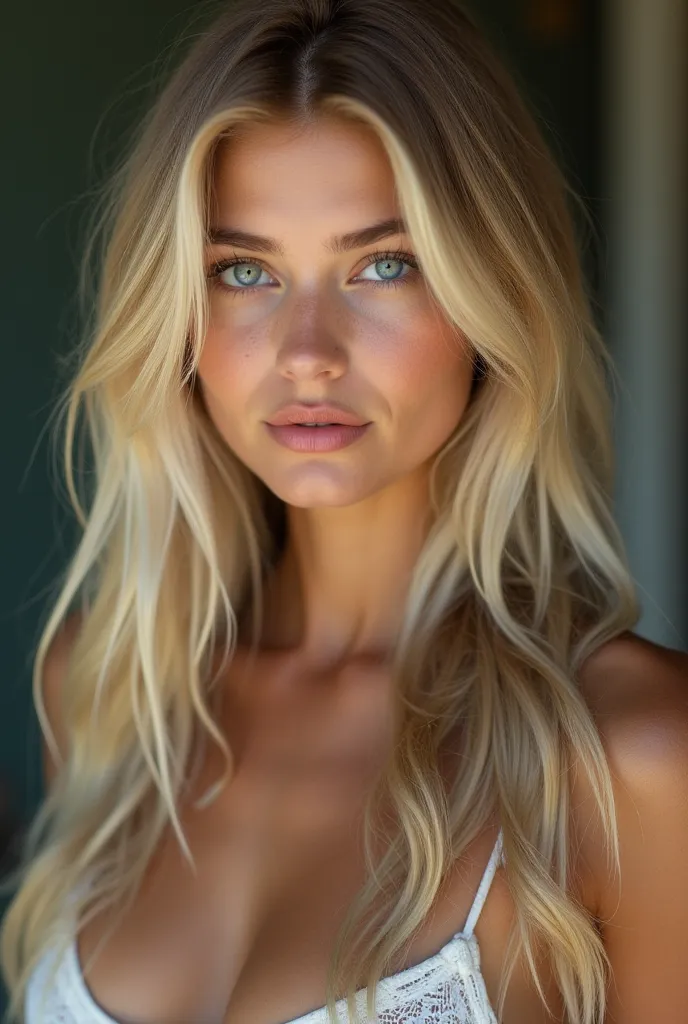 ... 21-year-old with long, silky blonde hair that falls softly over her shoulders. Her bright blue eyes convey a mixture of confidence and mystery. Its fair skin reflects the soft light of the environment, highlighting its well-defined curves. pontuação_9,...