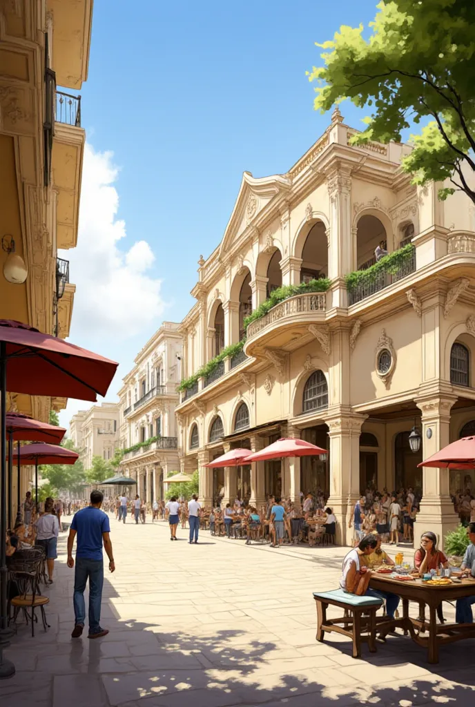 Expand this European colonial-style street scene with elegant neoclassical buildings, bustling outdoor cafes, and people enjoying a lively market. Maintain the warm, sunlit ambiance with soft shadows, blue skies, and lush green trees. Extend the architectu...