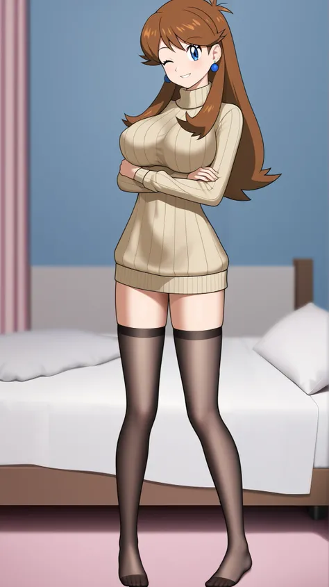 ((top quality)), ((masterpiece)), ((details)), 1girl , Two legs, two arms, orange brown hair color, long hair, blue eyes, Big Breasts, long sleeve vertical stripe sweater, black knee-high stockings, absolute region with to, thighs, blue earrings, sexy ...