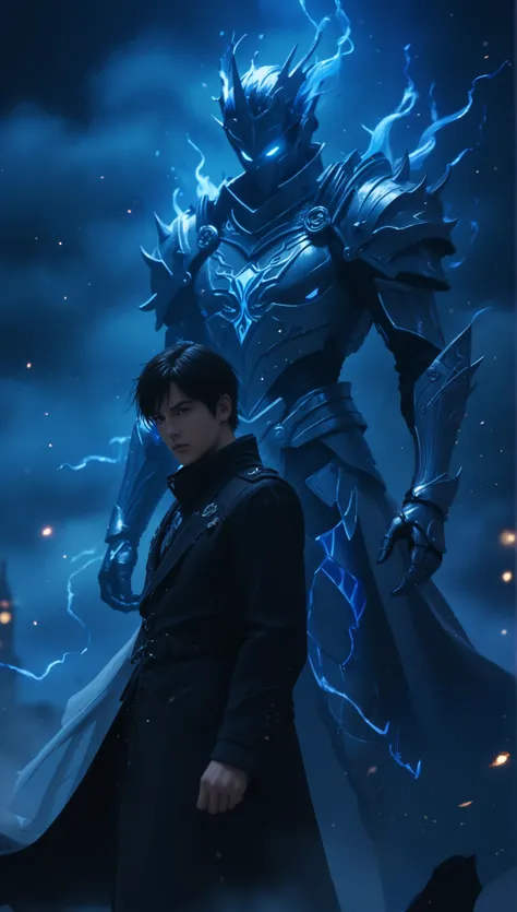 Sung Jin-Woo from Solo Leveling standing in a dramatic pose, wearing his dark hunter outfit. His face is shadowed, with a calm but powerful expression, his black hair slightly tousled. Beside him, a towering armored shadow soldier, with intricate glowing b...
