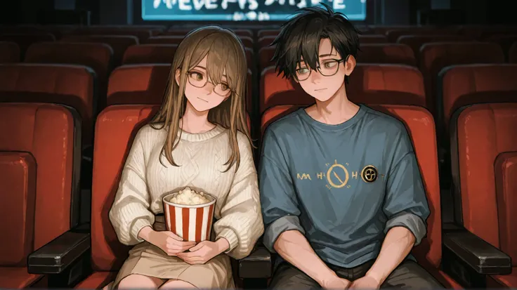 Inside a dimly lit movie theater, Emily Carter and Ethan Miller sit next to each other, illuminated by the flickering glow of the screen. Emily, a young woman in her mid-twenties, has soft chestnut-brown hair that falls just past her shoulders in gentle wa...