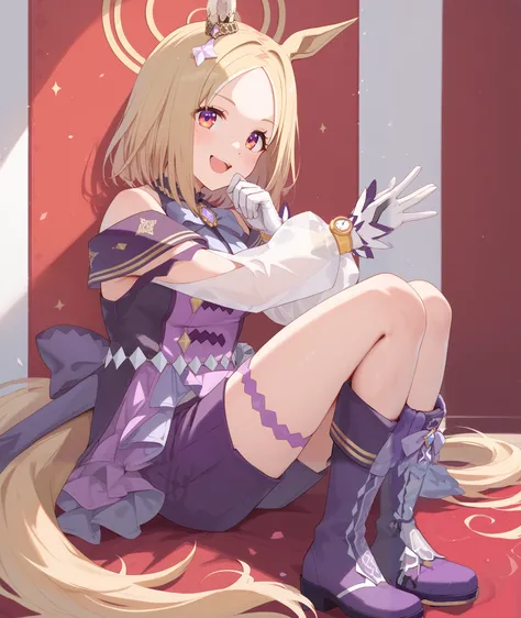 Shobufuku, 1 girl, Alone, Watch Viewers, is smiling、I'm dyeing my cheeks a little red、 blonde hair,  gloves,  Long Sleeve, bow, animal ears, sitting、 purple eyes, tail, Full Body, boots, shorts with r, puff sleeve, white  gloves,  medium hair,  horse ears,...