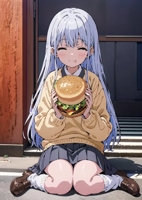 score_9, score_8_up, score_7_up, source_anime, Prohibited bibliography, both eyes, Silver Hair, long hair, smile,blushes,Black sailor suit, yellow cardigan ,black pleated skirt,white high socks,loafers,white leg warmers sitting on a plump, holding a hamb...