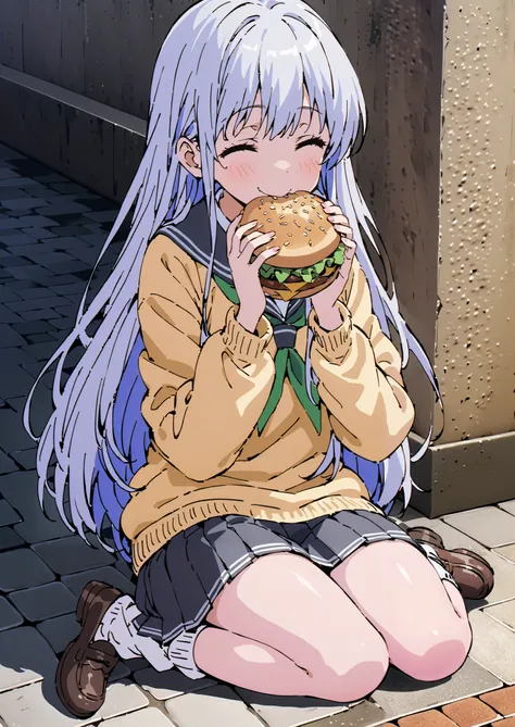 score_9, score_8_up, score_7_up, source_anime, Prohibited bibliography, both eyes, Silver Hair, long hair, smile,blushes,Black sailor suit, yellow cardigan ,black pleated skirt,white high socks,loafers,white leg warmers sitting on a plump, holding a hamb...