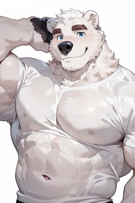 1 boy , alone, human furry , polar bear, white fur, blue eyes, White hair,Brown eyebrows, strong ,Sturdy ,muscular。Well-developed chest muscles,
White T-shirt,
Cheerful ,Confident Gesture。
masterpiece, is the best quality,