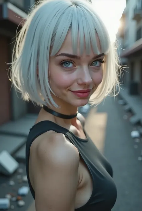 ((RAW Photo), Absurdres, (Absurd Resolution)), (masterpiece, best quality, niji 5), ((hyperrealism, photorealistic)), (the most beautiful girl, beautiful, thin, smile), white-skinned, freckled lady, (dark city, twisted irons, blocks, rubble), (salmon-color...