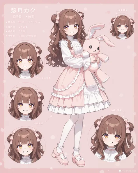 1girl, cute,kawaii, yellow eye, big eye,beautiful,upturned eyes, pale skin, wavy hair, bangs, side buns, brown hair, ( long hair), (lolita dress, pastel pink) ,small breast,happy expression,grin\), background\ ((holding stuffed bunny))\),,close-up girl,dyn...