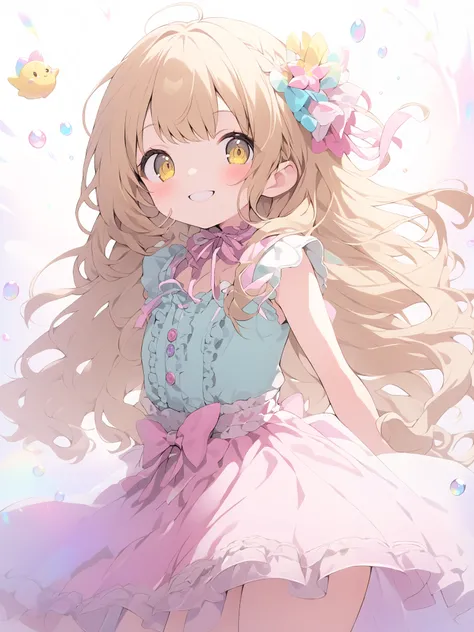 A cute and lively anime-style girl with long, golden blonde or light brown hair. She has a cheerful and playful expression, big bright yellow eyes, and an energetic aura. Her outfit is colorful and adorable, typically featuring frilly dresses, ribbons, and...