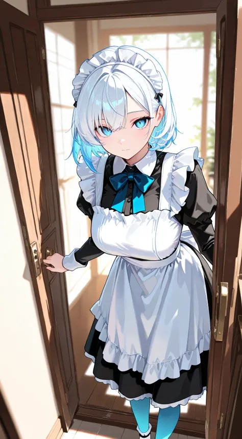 masterpiece, best quality, detailed face, detailed eyes, 1 girl, solo, beautiful, big chest, slender body, mature, light makeup, adorable, sharp eyes, closed mouth, short hair, blue hair outer, white hair inner, long side bangs, short tidy bang, vibrant bl...