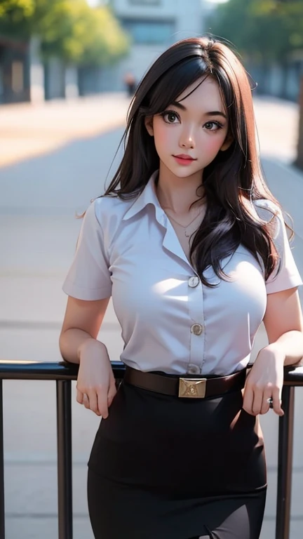 Pretty big breasts thai woman , (8k, best quality, masterpiece, ultra highres:1.2) Photo of Pretty thai woman beautiful, beautiful enchanting fashion contemporary painting with , (1girl), (white shirt short sleeves), ((black pencil skirt)), belt , realisti...