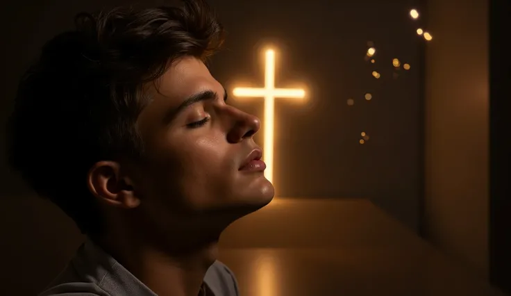 A highly detailed, close-up portrait of a handsome man with strong facial features, closed eyes, and a peaceful expression, as if deeply in prayer. His entire head, including his well-groomed hair, is fully visible within the frame. His face is illuminated...