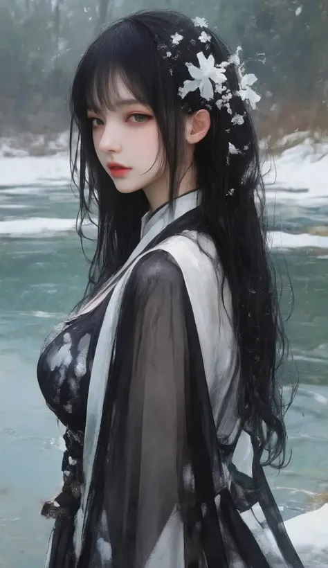 high quality, 【8k, on dark background 、 high quality photography、 wet texture 、[Ice、 studio photography 、engraving、Shallow depth of field、Vignette、 super fine、 high budget 、 bokeh 、Wide cinema 、[典雅、colorful、 film particles ,Model with long, Slightly ...