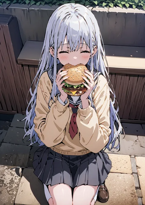 Prohibited bibliography, both eyes, Silver Hair, long hair, smile,blushes,Black sailor suit, yellow cardigan ,black pleated skirt,white high socks,loafers,sitting on a chair holding, holding a hamburger with both hands,eating hamburger,noon,School buildi...