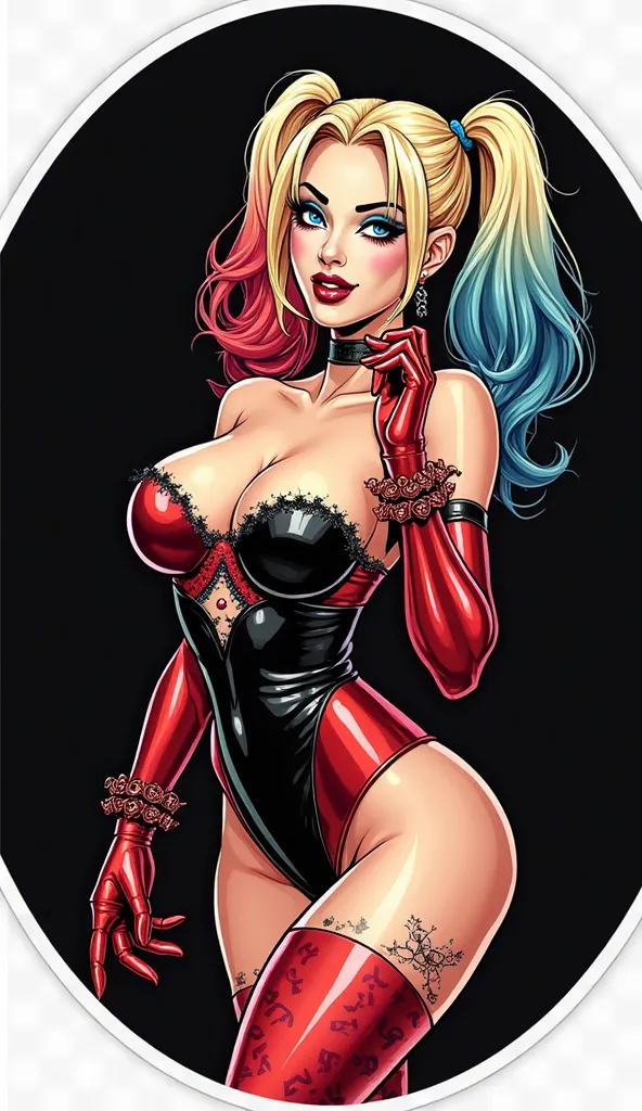 sexy pin up harley quinn round sticker concept designs on a solid black on black background