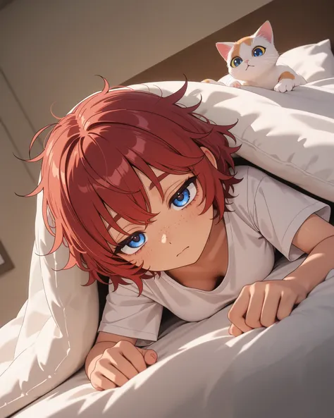 1girl, beautiful woman, cute,kawaii, blue eye, big eye,beautiful, tired eye, downturned eyes, tan skin, freckles, messy hair, red hair, (short hair), (t shirt) ,breast,tired, sleepy, expression,\), background\ ((laying in bed ))\), ((under covers))\), ((ca...