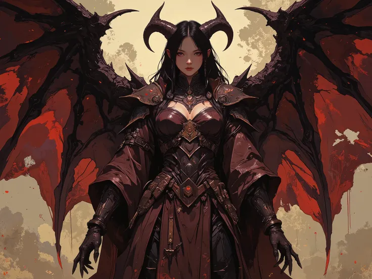Female demon (age:1.9), (ethnicity:1.0), (detailed clothing:1.2), (accessories:1.1), (facial features:1.3), (expression:1.2), (body type:1.1), (pose:1.2), with large, dark-purple wings and long, dark hair, standing majestically centered in the frame, faci...