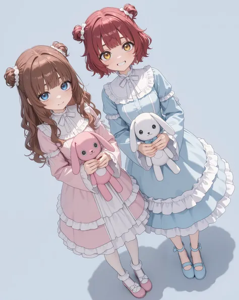 2girls, together, 1girl, cute,kawaii, yellow eye, big eye,beautiful,upturned eyes, pale skin, wavy hair, bangs, side buns, brown hair, ( long hair), (lolita dress, pastel pink) ,small breast,happy expression,grin\),\ ((holding stuffed bunny))\)
BREAK
1gir...