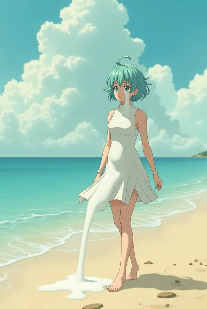 Bulma walking on the beach and milk is pouring on her face