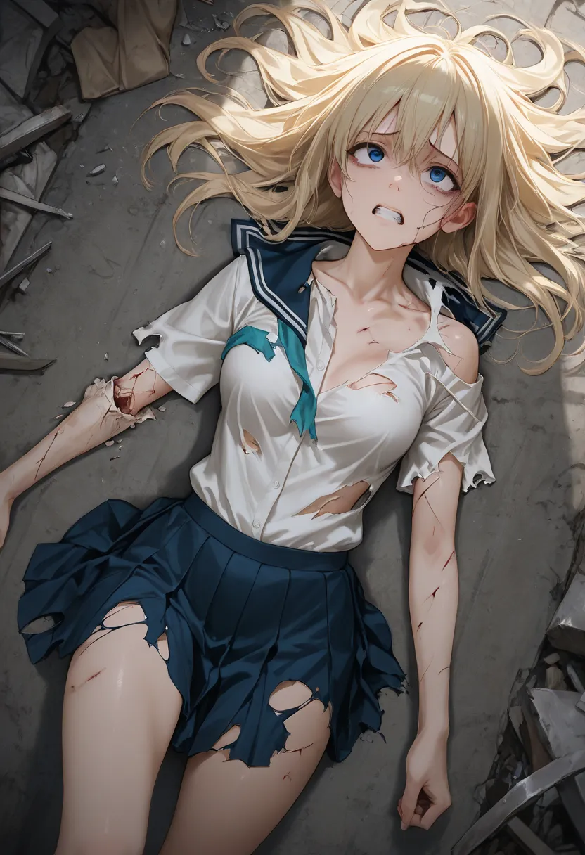 Best quality, perfect, beautiful, delicate and detailed, blonde high school girl, torn school uniform, rape, aftermath, dazed, powerful angle, 18+