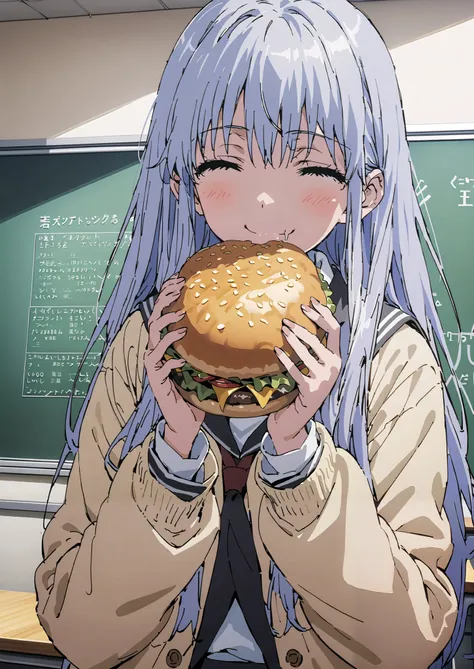 Prohibited bibliography, both eyes, Silver Hair, long hair, smile,blushes,Black sailor suit, yellow cardigan ,black pleated skirt,white high socks,loafers,chairsに座っている, holding a hamburger with both hands,eating hamburger,noon,machine, blackboard ,chairs...