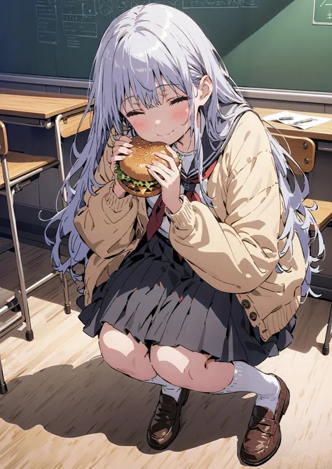 Prohibited bibliography, both eyes, Silver Hair, long hair, smile,blushes,Black sailor suit, yellow cardigan ,black pleated skirt,white high socks,loafers,chairsに座っている, holding a hamburger with both hands,eating hamburger,noon,machine, blackboard ,chairs...