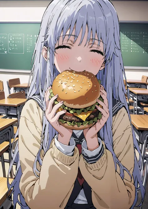 Prohibited bibliography, both eyes, Silver Hair, long hair, smile,blushes,Black sailor suit, yellow cardigan ,black pleated skirt,white high socks,loafers,chairsに座っている, holding a hamburger with both hands,eating hamburger,noon,machine, blackboard ,chairs...