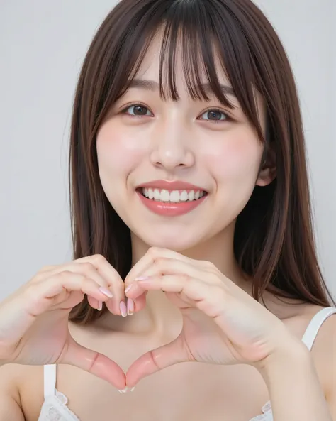  smile making a heart shape with hands:2.0、 (Ultra-precise human anatomy , best quality、RAW photo、8k、32K、masterpiece、realistic、photorealistic:1.37)、Cute Japanese women images、 nudes、 has been photographed in natural light、upper body、1 girl、Photo Mapping、ph...