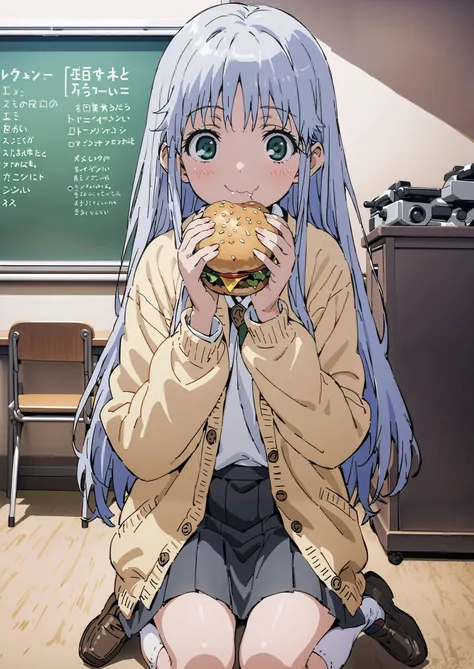 Prohibited bibliography, both eyes, Silver Hair, long hair, smile,blushes,Black sailor suit, yellow cardigan ,black pleated skirt,white high socks,loafers,chairsに座っている, holding a hamburger with both hands,eating hamburger,noon,machine, blackboard ,chairs...