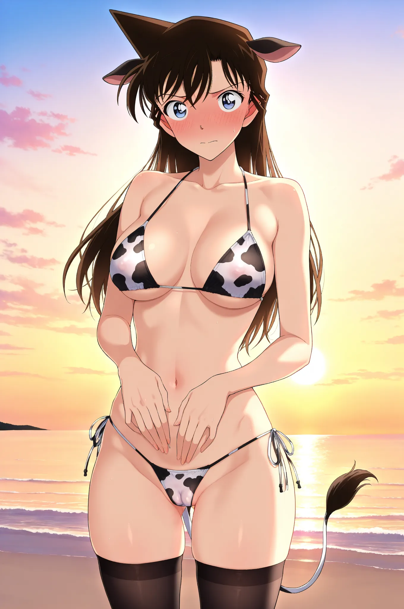 masterpiece,best quality,{{detailed beautiful face and eyes}}, very detailed background,
Mouri Ran,long hair,brown hair,light blue eyes,medium breasts,
(side-tie bikini:1.3), (cow print:1.3),cow stripes,bare shoulder,cow ears,
cow tail,black legwear,thighh...