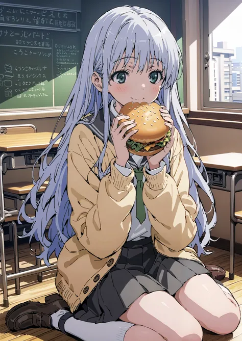Prohibited bibliography, both eyes, Silver Hair, long hair, smile,blushes,Black sailor suit, yellow cardigan ,black pleated skirt,white high socks,loafers,chairsに座っている, holding a hamburger with both hands,eating hamburger,noon,machine, blackboard ,chairs...