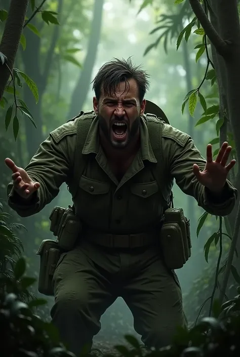 Soldier in jungle uniform, Screaming for help 