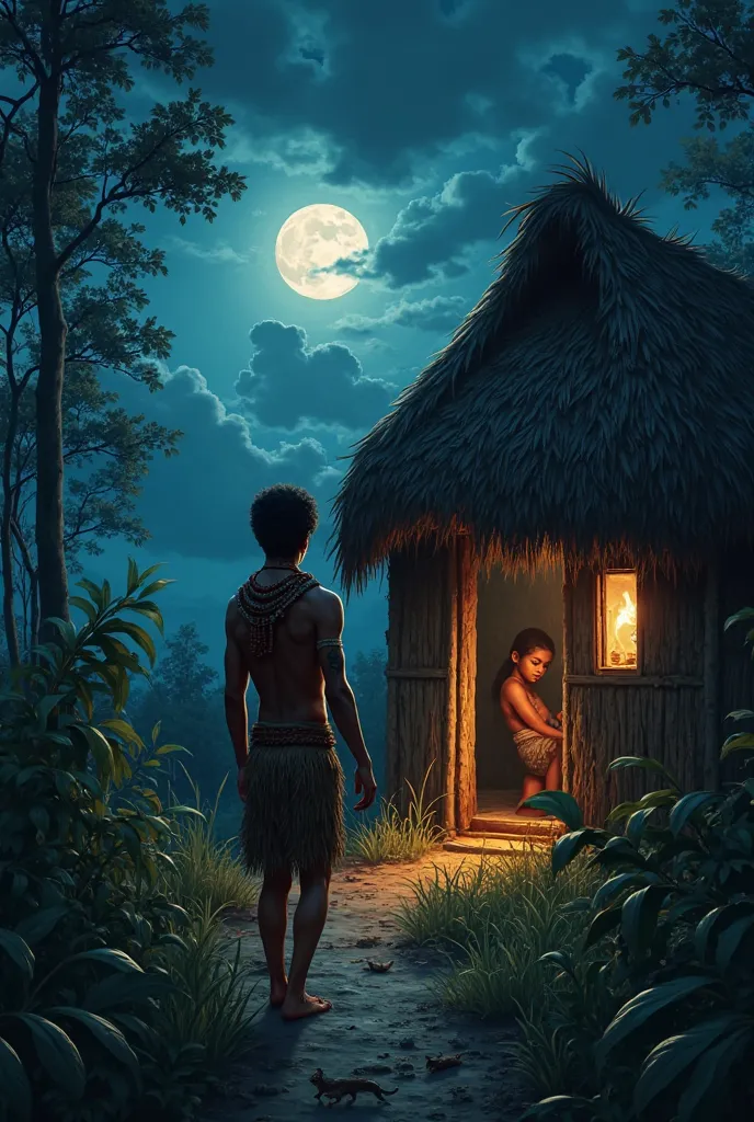 The setting is a quiet, moonlit night in a traditional tribal village. The girl’s house is a small, thatched-roof hut surrounded by tall grass and trees. The moonlight casts soft shadows on the ground, and the air is filled with the sounds of crickets and ...