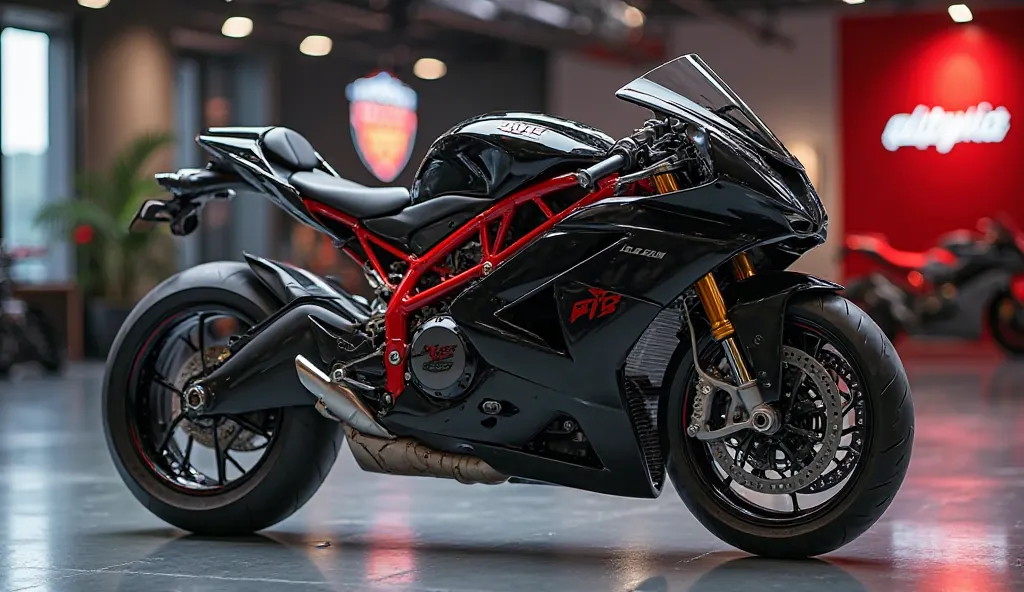 The real and clear thumbnail image of 2025 MV Augusta F3 Competizione in black colour with its background logo launched at showroom 