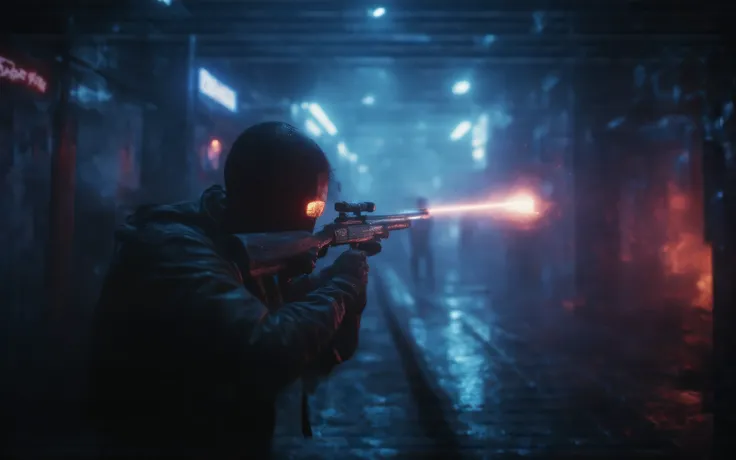 A cyberpunk sniper duel unfolds in a neon-lit dystopian city. From a high vantage point, the POV is slightly behind one sniper as he takes aim. Suddenly, a glowing bullet streaks past, barely missing his head—captured in breathtaking slow motion, suspended...