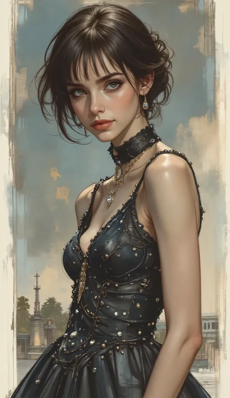 Full body with long legs, unique beauty, amazing diamonds filled ornate dress, a villain against James Bond, watercolor or oil painting poster pin-up 2000’s pop style Drew Struzan movie poster style pinup poster, action movie ((James bond style)), style of...