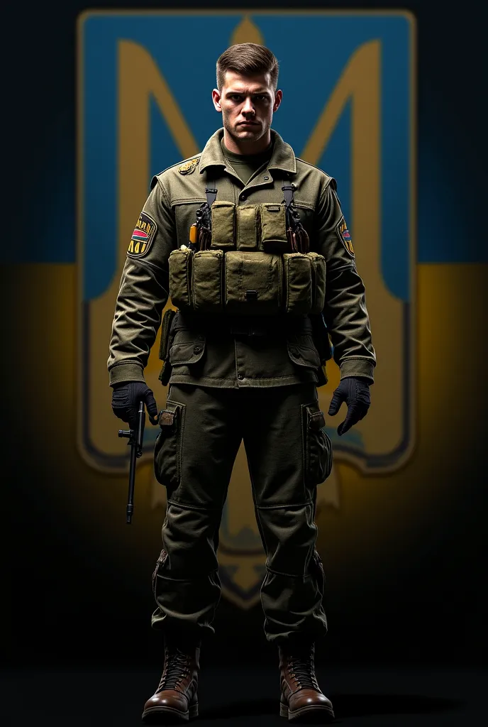 I want a Ukrainian soldier with the logo in the background of the war in Ukraine 