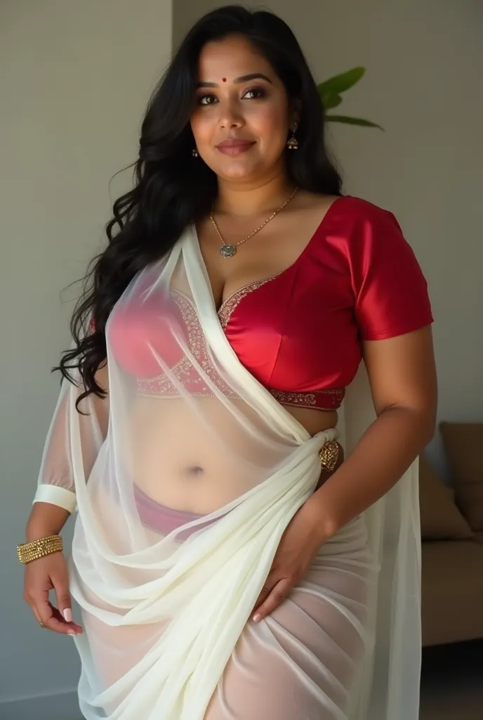 Married Indian woman of 18
 Years looking at the
 viewer, wearing a long white transparent silk sari made of shiny polyester, shiny and reflective plus size and a red silk blouse , big fat ass,wide hips,large thighs, Big Chest Picked Up, Body kissing her o...