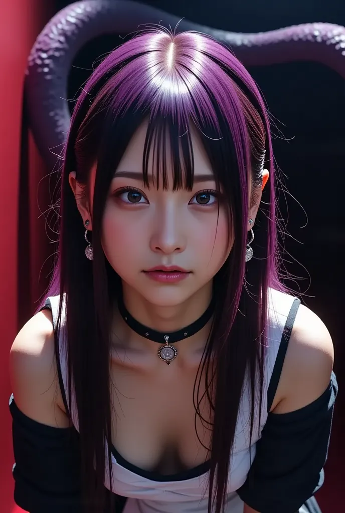 A super-realistic live-action Japanese ghoul girl standing in an eerie red-black space in a dark fantasy world. She is wearing a blood-stained maid dress, and her classic white and blue apron dress is stained with fresh blood. Her long purple hair is dishe...