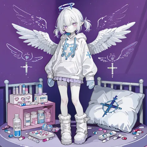 The girl is albino, she has white skin and slightly pointed ears, her eyes are indigo blue and her eyelashes are white. She has short shoulder-length loose white hair and has small pigtails on the sides of her head. She is wearing a baby blue oversized hoo...