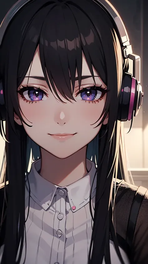 a mysterious anime girl with long black hair and piercing dark eyes, smiling and wearing headphones, detailed facial features, delicate expression, elegant posture, 8K, hyper-detailed, intricate, cinematic lighting, dramatic shadows,