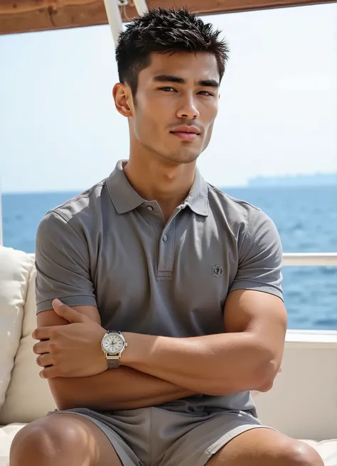 portrait photography，Middle distance，facing the camera，Sea cruise footage，The photo is the most handsome and sunny Asian man with dark hair，young man with short hair，focused and charming eyes，deep eyes，with a youthful face and clear cheekbones，real skin te...