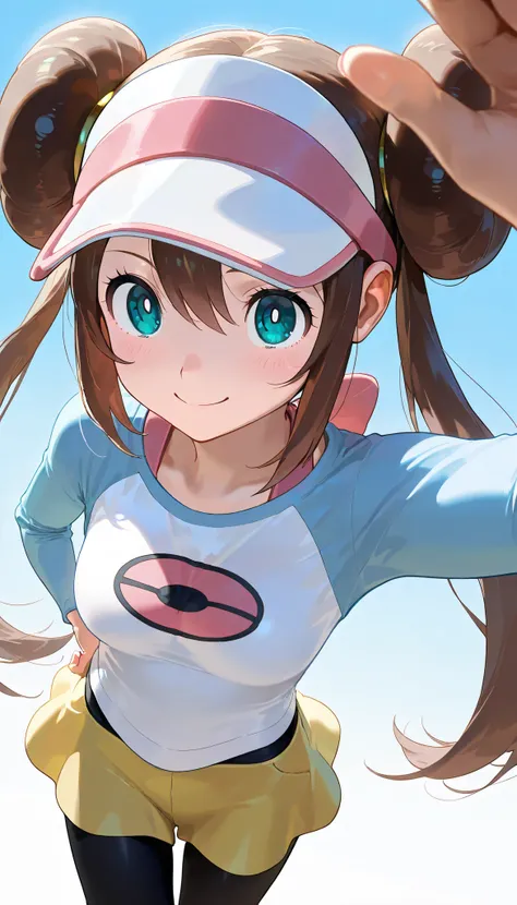high resolution picture, masterpiece, best quality, amazing quality, solo, 1girl, rosa,pantyhose, pantyhose under shorts, raglan sleeves, skirt, yellow skirt, white shirt, blue sleeves, long sleeves, visor cap,smile,dynamic angle,